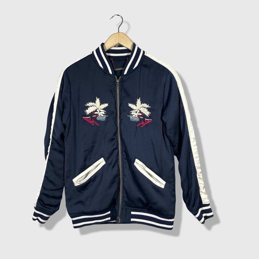 Capulet Bomber Jacket Women M Navy Blue Hawaii Palm Tree Embroidered Souvenir